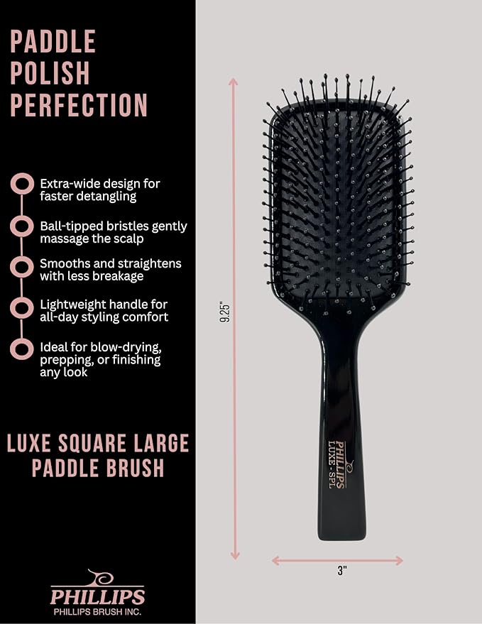 Phillips Brush Luxe Square Paddle Hair Brush, Sleek Black Color with Gold Accents – 9.25 inch Detangler Paddle Brush from the Luxe Series by Phillips Brush