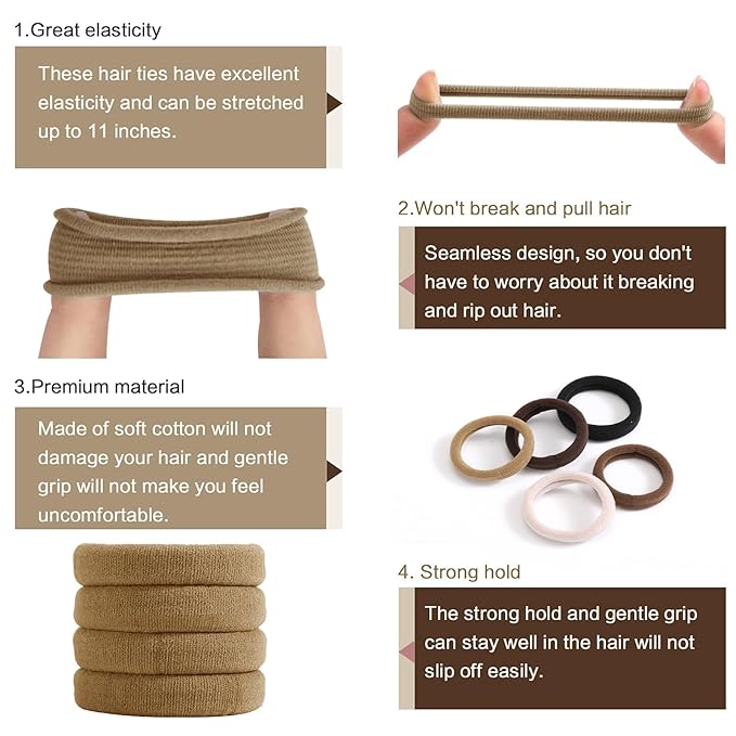 SYGY Hair Tie, 100PCS Hair Ties for Thick Thin Hair, Seamless Cotton Hair Bands, No Damage for Women, Soft Hair Accessories Ponytail Holders, Brown Color