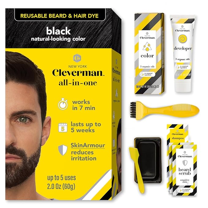 CLEVERMAN Black Hair & Beard Dye for Men, All-in-One Reusable Kit - Natural-Looking Gray Coverage, Professional-Quality, Ammonia-Free, 3.38 Fl Oz (1 Pack), Black, Suitable for Black Hair