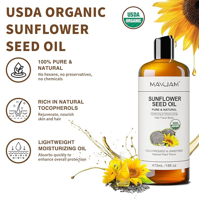 MAYJAM Organic Sunflower Seed Oil 16 Fl Oz, USDA Certified Pure & Natural Cold Pressed Carrier Oil, for Skin, Hair, Face, Body & Nail Moisturing, Massage Oils for Essential Oils Mixing (473ml)