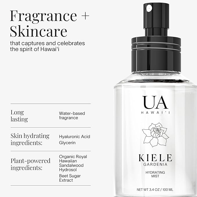 Kiele Gardenia Body and Hair Mist from Hawaii, Hair Perfume for a Light, Hydrating Refresh, Body Mist for Women and Men, Alcohol-Free, With Moisturizing Hyaluronic Acid & Glycerin, 3.4 oz