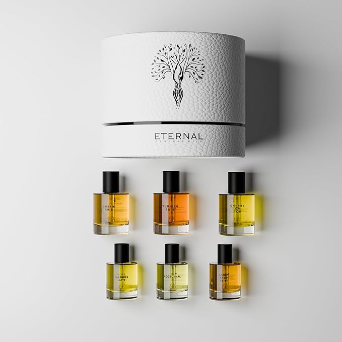 Eternal Perfume Oils Gift Box- Concentrated Perfume Oil Gift Set 6 - Oil-Based Perfume for Women & Men - Eau de Parfum - Cherry On Top, Cherry Chic, Turkish Rose, Lavender latte, Nocturnal, Candy Shop