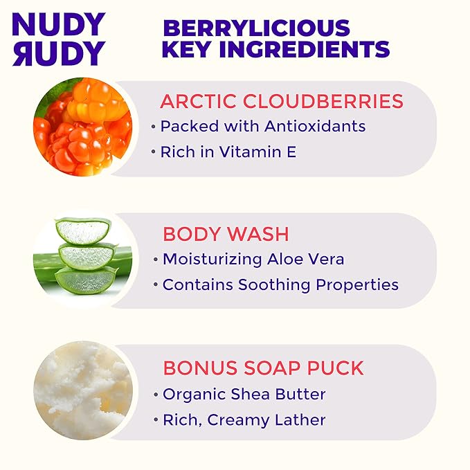 Nudy Rudy Berrylicious 2 Pack, Liquid Body Wash Bundle with Bonus Soap Bar, Aloe Vera and Vitamin E, Moisturizing Shower Gel, Body Wash and Bar Soap for Men and Women 16.9 fl oz and 4.2 oz