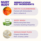 Nudy Rudy Berrylicious 2 Pack, Liquid Body Wash Bundle with Bonus Soap Bar, Aloe Vera and Vitamin E, Moisturizing Shower Gel, Body Wash and Bar Soap for Men and Women 16.9 fl oz and 4.2 oz