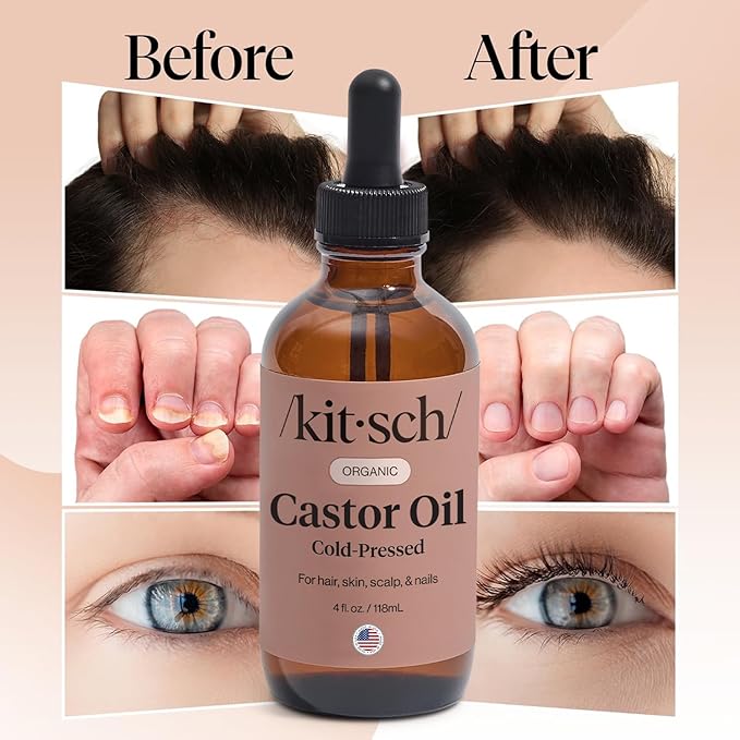 Kitsch Organic Castor Oil for Hair Growth - 100% Pure Castor Oil, Organic Cold Pressed Unrefined Glass Bottle for Face, Skin, Lashes, Brows, Scalp, Nails & Belly Button | Ideal Gifts for Women - 4 oz