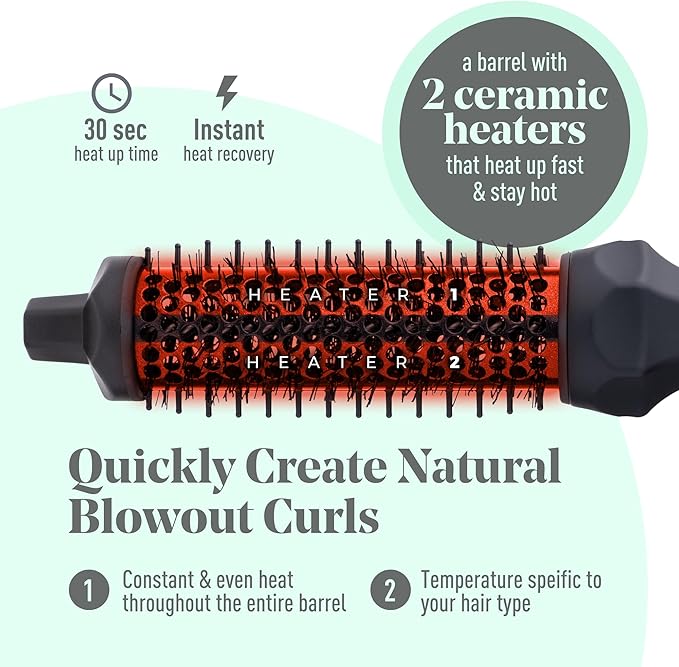 MINT Extra-Long 1 1/3 Inch Thermal Brush for Effortless Curls, Volume & Waves | 230-430°F 2-Heater Ceramic Curling Iron Brush Creates Long-Lasting Styles | Heated Round Styler