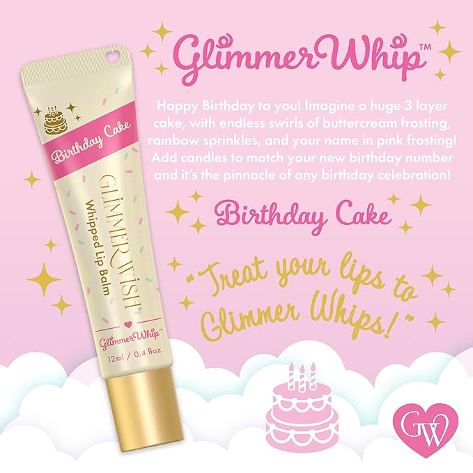 Glimmer Wish Glimmer Whip Hydrating Lip Balm – Moisturizing Lip Care with Organic Oils & Butters – Vegan Lip Moisturizer (Birthday Cake)
