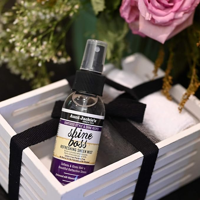 Aunt Jackie's Grapeseed Style and Shine Recipes Shine Boss Refreshing Sheen Hair Mist, Gives Curls, Waves and Coils Shine Without Oily Feel, 4 oz
