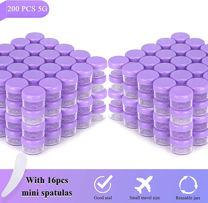 200PCS 5 Gram Sample Containers, 5ml Empty Jars with Lids, Small Cosmetic Containers, Mini Sample Jars with 16PCS Mini Spatulas for Make Up, Oils, Lotion, Powder, Paint, Jewelry, Lip Balms(Purple Lid)