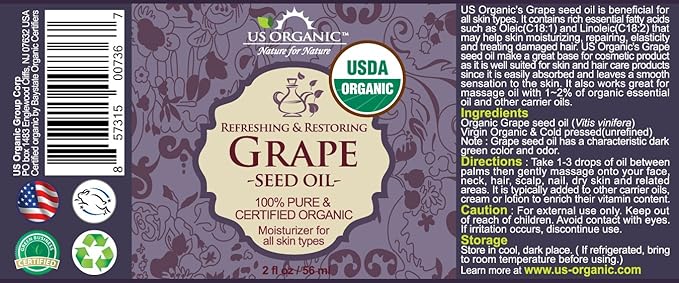 US Organic Grape Seed Oil, USDA Certified Organic, 100% Pure & Natural, Cold Pressed Virgin, Unrefined, in Amber Glass Bottle w/Glass Eyedropper for Easy Application (2 oz (56 ml))