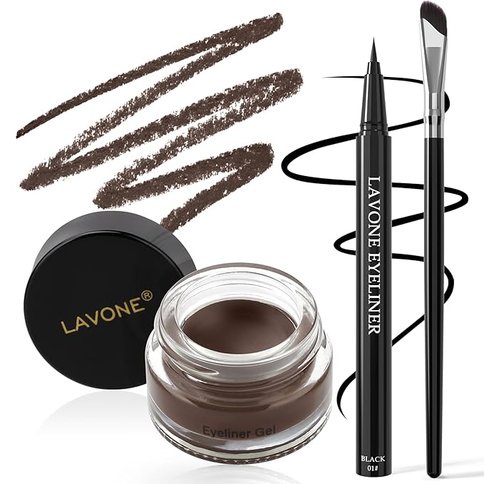 LAVONE Eyeliner Set - Waterproof Makeup Kit with Liquid Eye Liner Pencil, Gel Eyeliner and Angled Eye Liner Brush, Waterproof, Smudge Resistant, Long Lasting Formula - Black Brown