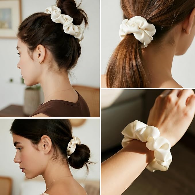 Silk Scrunchies for Women, 100% Mulberry Silk Hair Ties No Damage, Gentle No-Pull Elastic Ponytail Holders, 1Pc (Ivory)