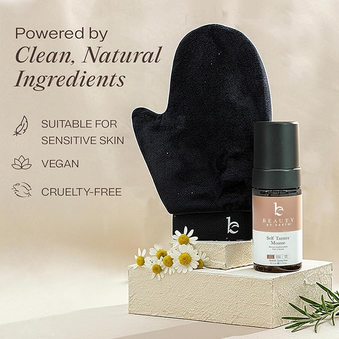 Self Tanner Tanning Mousse Kit - USA Made with Natural & Organic Ingredients, Self Tanner Mousse and Mitt, Tan Kit, Fake Tan Tanning Foam, Fair to Medium, Sunless Tanners Best Sellers