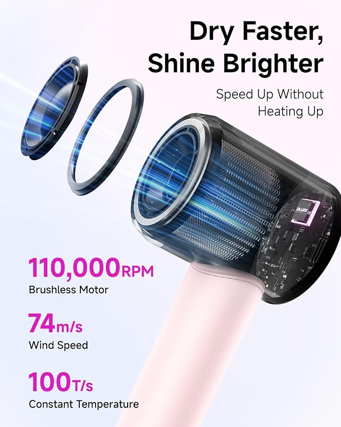 PLUZZ Ionic Hair Dryer with Diffuser, Professional High-Speed Blow Dryer for Women & Men, 110,000 RPM Brushless Motor Fast Drying & Low Noise, Thermo-Control, Lightweight & Compact for Home and Travel