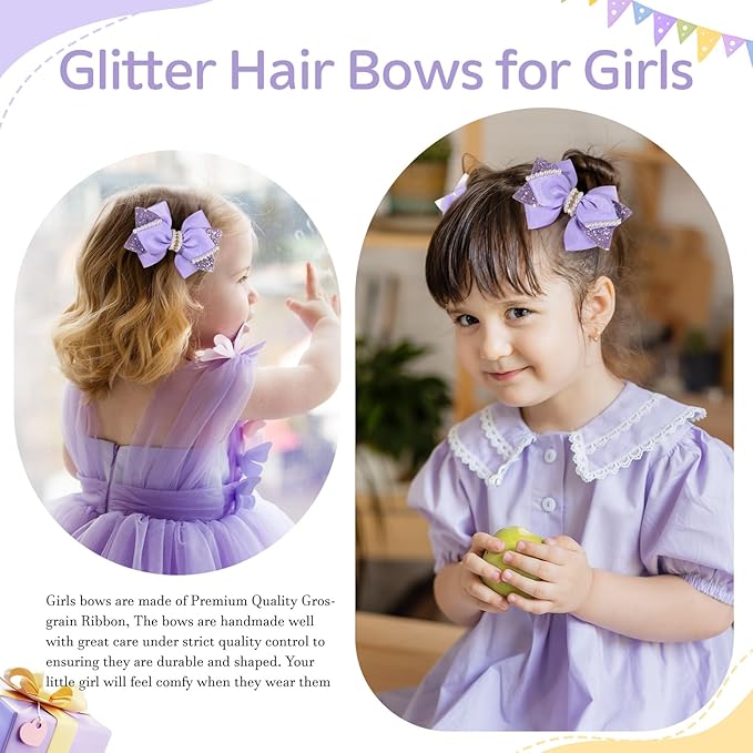 4" Sparkly Glitter Sequin Ribbon Hair Bow Clips,Pearl Wedding Boutique Alligator Barrettes Pins for Teens Toddler,Cheerleader Girls Kids Birthday Party Dress Decor Accessory (Light Purple)