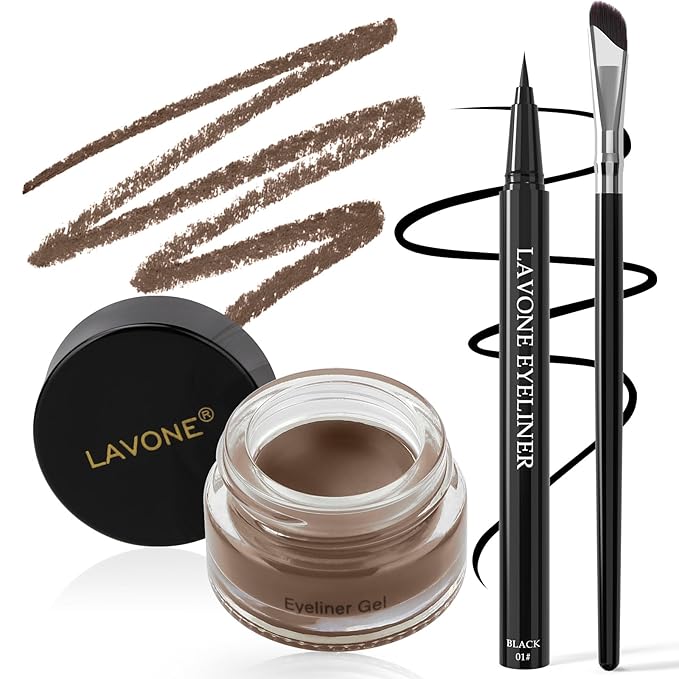 LAVONE Eyeliner Set - Waterproof Makeup Kit with Liquid Eye Liner Pencil, Gel Eyeliner and Angled Eye Liner Brush, Waterproof, Smudge Resistant, Long Lasting Formula - Brunette