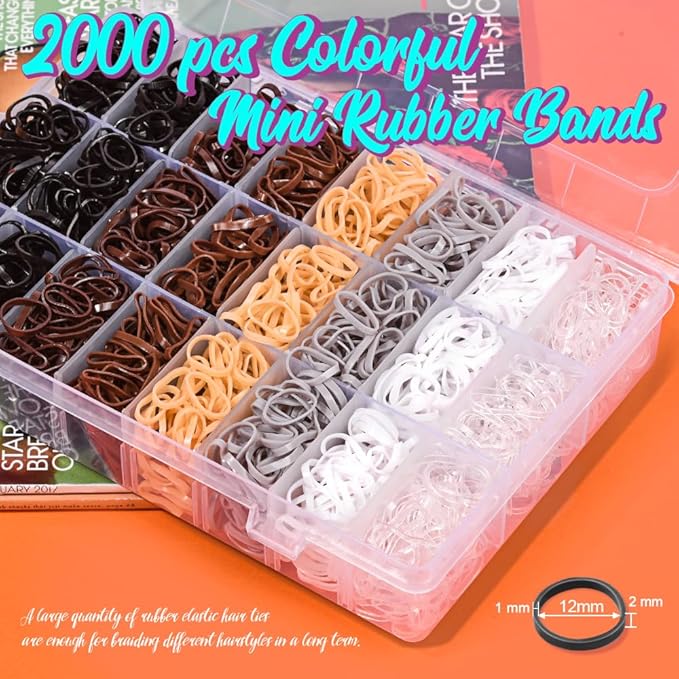 TsMADDTs Small Hair Ties Set, 2000PCS Rubber Bands with Organizer Box, 7 Natural Colors Clear Black Brown, Rat Tail Comb