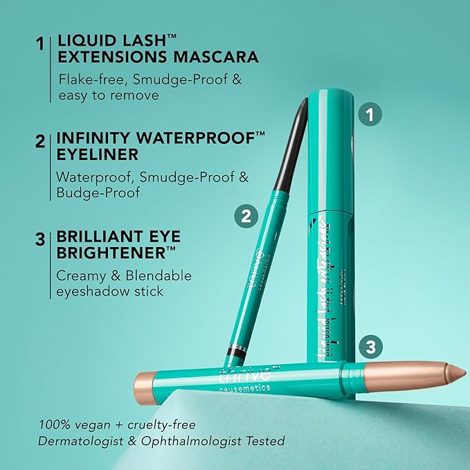 Thrive Causemetics Award-Winning Trio Kit, Makeup Gift Set for Women, Liquid Lash Extensions Mascara (Brynn), Brilliant Eye Brightener Highlighter Stick (Stella), Infinity Waterproof Eyeliner (Lauren)