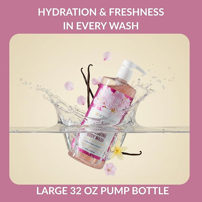 SpaScriptions Cherry Blossom & Vanilla Exfoliating Body Wash - 32 fl oz Scented, Hydrating Body Wash Scrub for Women, Natural Daily Cleanser for Smooth, Radiant, Healthy-Looking Skin, Paraben Free