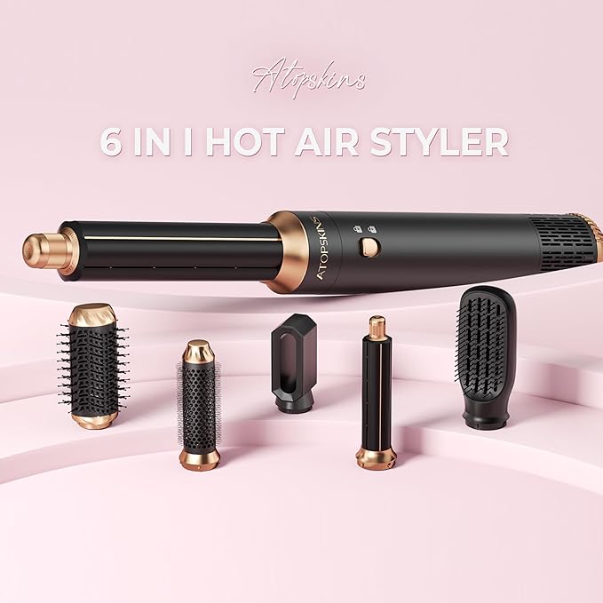 6 in 1 Hair Dryer Brush, Detachable Air Styler, 3 Heat Settings Blow Dryer Brush Frizz-Free Volumizing, Straightening, Curling ALCI Safety Plug for Travel & Home Styling (Pink-Black)