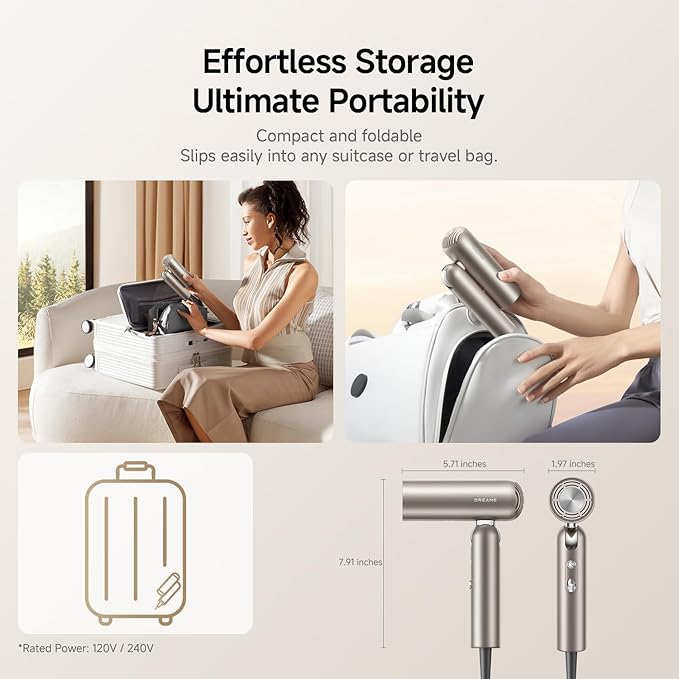 Dreame Pocket Pro Hair Dryer, Dual Voltage Travel Blow Dryer with Diffuser, 1300W Professional HighSpeed Ionic Hair Blower, Fast Drying, Low Noise, Lightweight, No Heat Damage, Global Travel 120V/240V