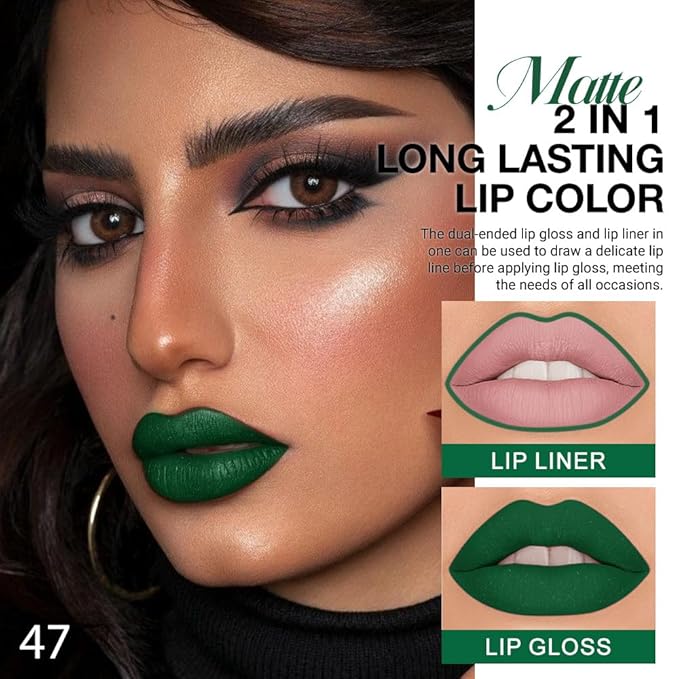 evpct 1Pcs Shimmer Green Matte Lip Liner & Liquid Lipstick Stain Makeup Set for Women, Green Lip Liner Stain Long Lasting Waterproof Smudge Proof, Cruelty Free Lip Stick Makeup 24 hours originales, 47