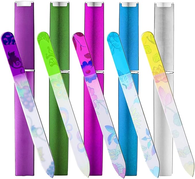 5 Pack Glass Nail File with Case, Crystal Fingernail Files, Double Sided Finger Nail Files, Professional Manicure Nail Care for Presents (Printed-5PCS with Case), Christmas Gifts Stocking Stuffers
