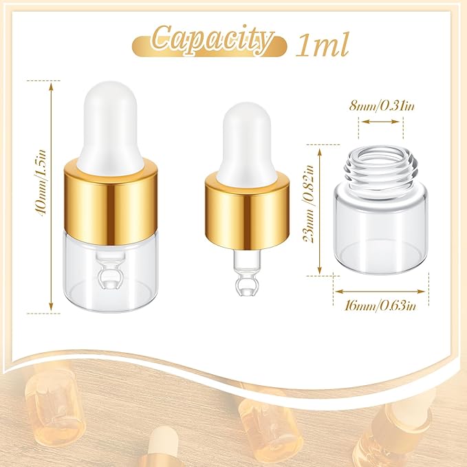 200 Pcs Mini Glass Oil Dropper Bottle Bulk, Clear Essential Small Empty Bottles Sample Containers Perfume Liquid Vials with Cap for Traveling (1 ml,Gold)