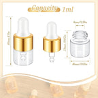 200 Pcs Mini Glass Oil Dropper Bottle Bulk, Clear Essential Small Empty Bottles Sample Containers Perfume Liquid Vials with Cap for Traveling (1 ml,Gold)
