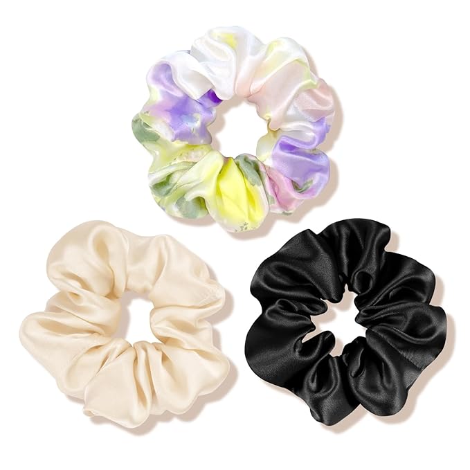 OLESILK 100% Mulberry Silk-Scrunchies for Hair Sleep, Women Grils Silk Hair Ties for Frizz & Breakage Curly Hair, No Damage, Elastics Ponytail Holder, 3 Pack