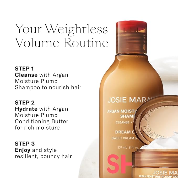 Josie Maran Love is in the Hair Kit - Includes Argan Moisture Plump Hair Shampoo & Conditioner Butter - Hydrating & Volumizing - Strengthens & Repairs Strands - Dream Cream (2 Piece Set)
