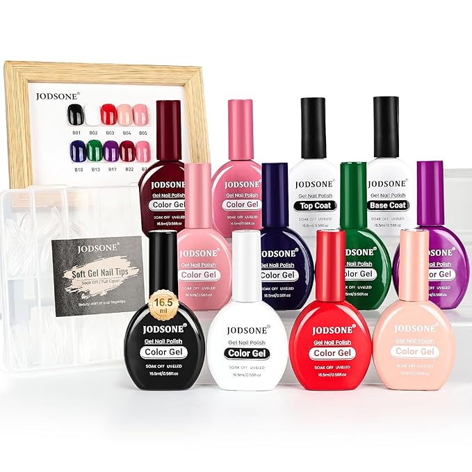 JODSONE 12 PCS 16.5 ml Gel Nail Polish Same Color Same Bottle with Base Coat and Top Coat, 10 Colors for At-Home Salon Nail Art, Holiday Gifts