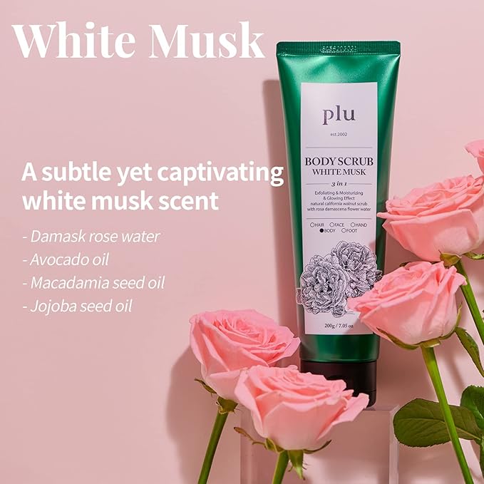 PLU Original Korean Walnut Body Scrub Polish - White Musk - Exfoliating & Moisturizing & Glow - for Acne, Cellulite, Stretch Marks, Spider Veins - Soft Musk Scent, 6.76 oz.