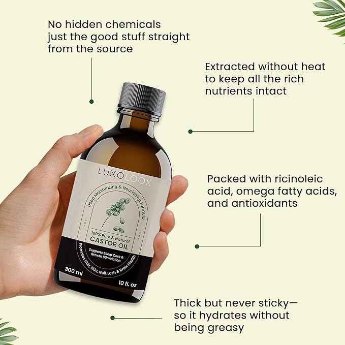 Pure Castor Oil - Cold Pressed 100% Castor Oil for Hair Growth, Skin, Eyebrows, Eye Lashes, Nails & Cuticles - Hexane Free, Natural & Unrefined - Includes Dual Mascara, Dropper & Scalp Massager