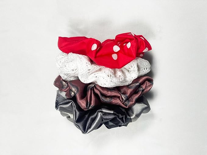 Large White Lace Hair Scrunchies for Women, Girl Hair Bands, Hair Ties, Ponytail Holders, hair accessories, Soft and Stretchy, 5"~5.5" diameter。4 pcs White (Grey Silver+Lace+Poka dot+Amoebic)