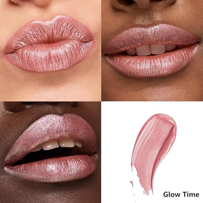 Nude Pink Metallic Liquid Lipstick – Long Wear Waterproof Lip Gloss with High Pigment, Smudge-Proof, Non-Sticky, Lightweight Lip Makeup for Party, Stage & Daily Wear (Glow Time)