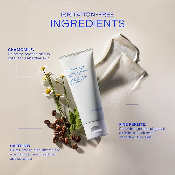 The Outset Exfoliating Caffeine Micro Polish - Gentle Fragrance Free Physical Face Scrub for Everyday - Awakening, Smoothing - Clean, Vegan, Gluten Free - All Skin Types, Sensitive Skin - 3.3 fl oz