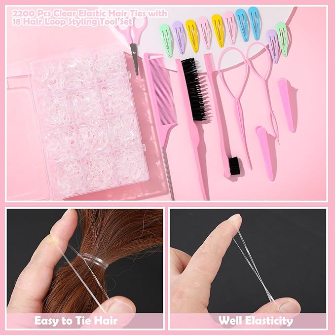 2200 Pcs Clear Hair Ties, Hair Loop Styling Tool Set with Hair Tie Cutter, Elastic Hair Accessories for Toddler Baby Girl Women