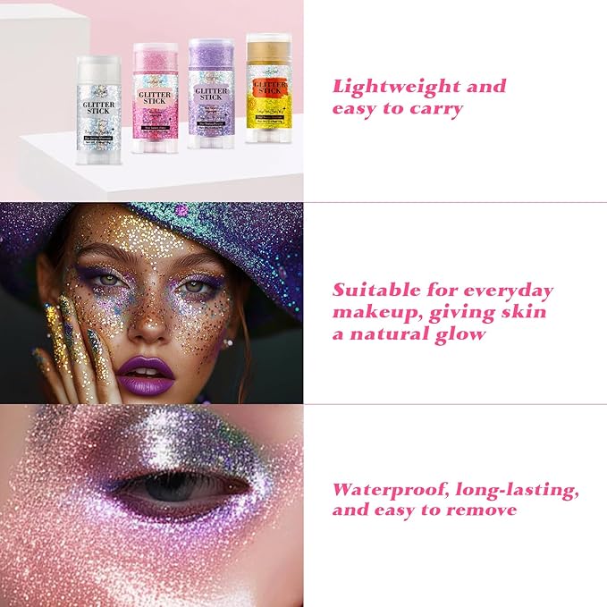Mermaid Hair Glitter Stick, Waterproof Face Glitter for Concerts Music Rave Festival Party, Face and Body Glitter Makeup with Sparkle for Women Body/Face/Hair/Wig