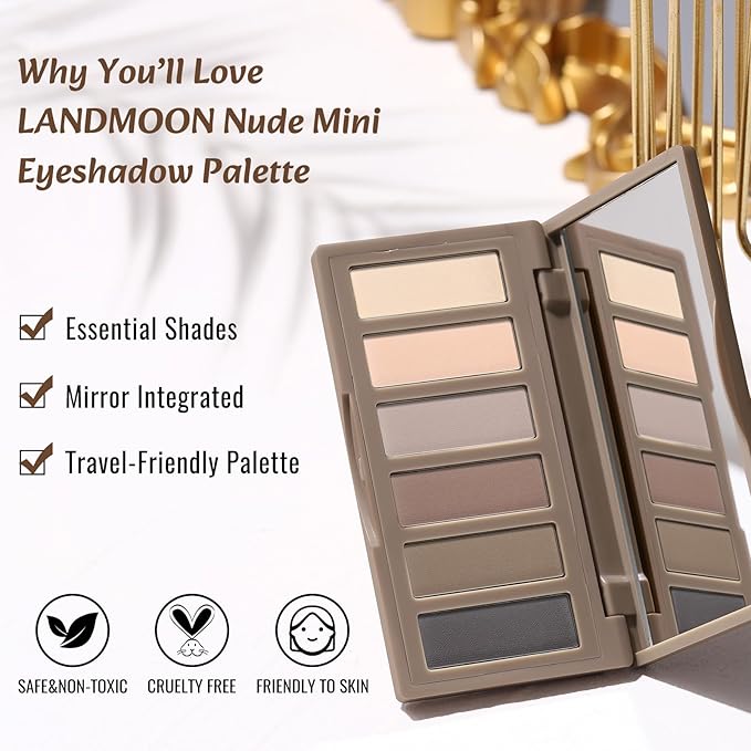 Nude Mini Eyeshadow Palette, 6 Colors Smoky Matte Taupe & Brown Neutral Eye Shadows, Highly Pigmented, Long-Lasting, Waterproof, Travel Size Makeup Palette with Mirror