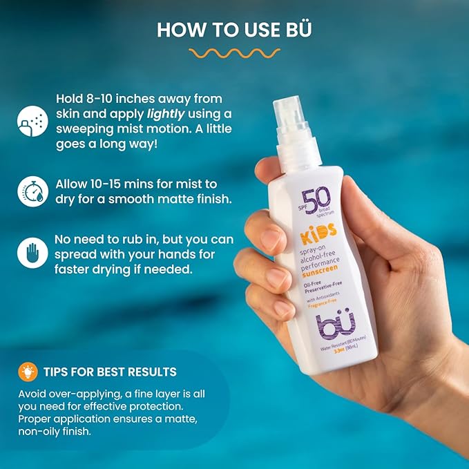BU SPF 50 Fragrance Free Kids Sunscreen Spray for Face and Body, TSA Travel Size Sunscreen, Clear Non Aeorsol Spray, Non Greasy, Water Resistant and Oil Free, 3.3 oz and 1 oz (2-Piece Bundle)