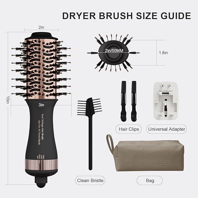Dual Voltage Blow Dryer Brush Travel Hair Dryer Brush in One,2 inch Oval Shape Hot Air Brush,Travel Hair Tools/Volumizer/Straightener/Curler,European Blow Dry Brush with Universal Adapter