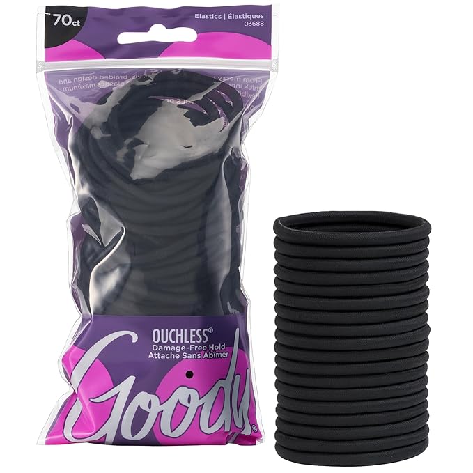 Goody Ouchless Hair Elastics – No Pull, No Breakage, Tangle-Free Hold for Thick, Curly, Coily & Textured Hair – 70 Count, Black, Long-Lasting Ponytail Holders for Women & Men