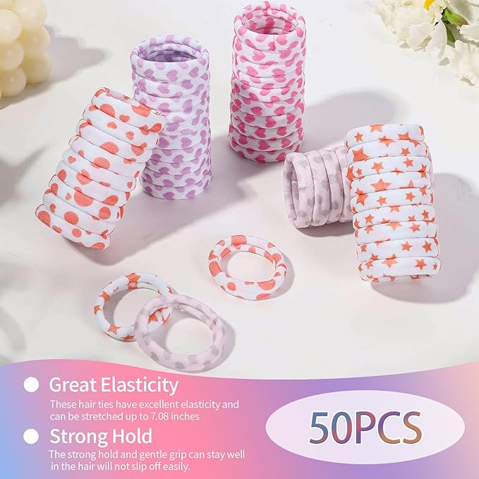 Bessrung 50 PCS Seamless Hair Ties, No Damage Elastics Hair Ties for Women Girls, Soft Stretchy Ponytail Holders for Thin Thick Hair, Snag-Free Hair Bands Stocking Stuffers Christmas Gift(Love)