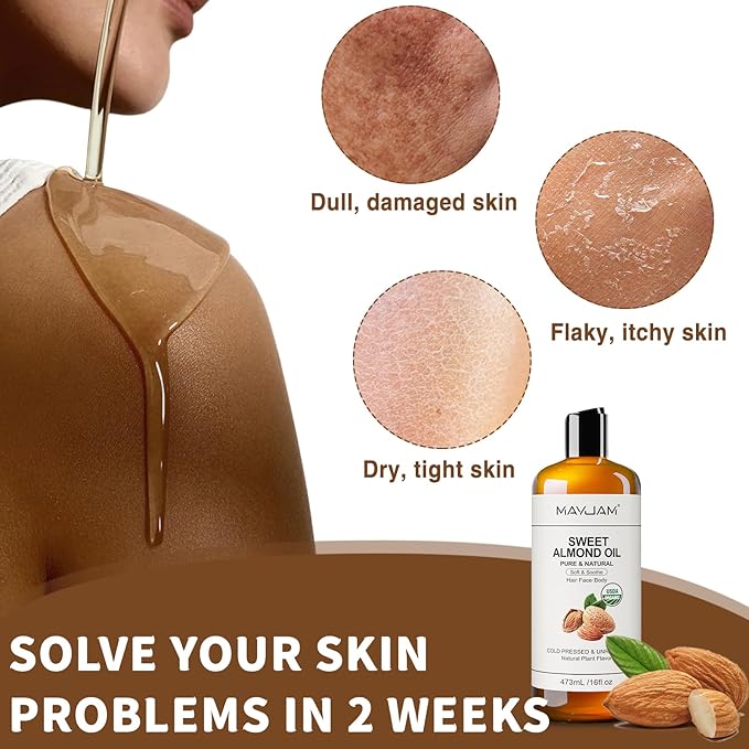 MAYJAM Sweet Almond Oil 16 Fl Oz, USDA Certified Pure and Natural Carrier Oil, for Skin and Hair Moisturizing, Hair and Body Massage Oil for Essential Oils Mixing (473ml)