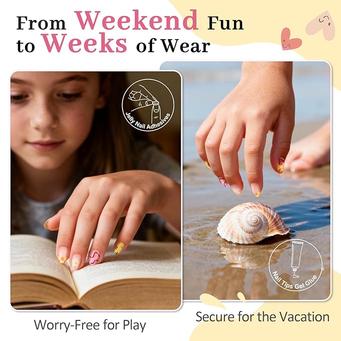 16 Sizes Press on Nails Kit for Kids - 32 Pieces French Almond Fake Nail Tips for Girls 8-12 Years Old with Jelly Nail Adhesives & No-Lamp Nail Glue, Birthday Christmas Gifts (Happy Smile)