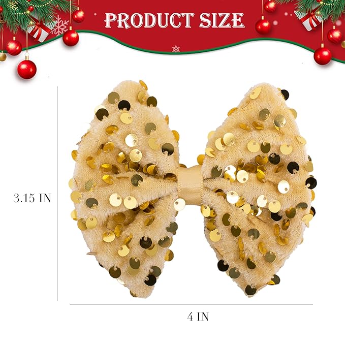 Velvet Sequin Hair Bows Elegant Gold Bow for Women Girls, 4in Glitter Handmade Hair Clips Alligator Clips Sparkly Ponytail Holder Hair Accessories for Christmas, Birthday Party, Wedding, Valentines