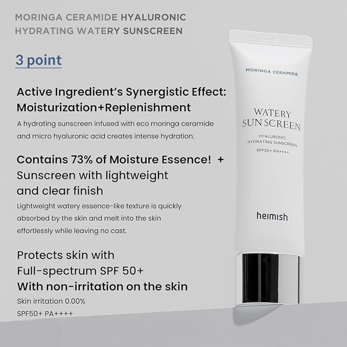 HEIMISH Moringa Ceramide Hyaluronic Hydrating Watery Sunscreen - SPF Face Moisturiser, Daily Sunscreen For Face, Broad Spectrum SPF 50, Non-greasy, Lightweight with Hyaluronic Acid, 1.7fl.oz/50ml