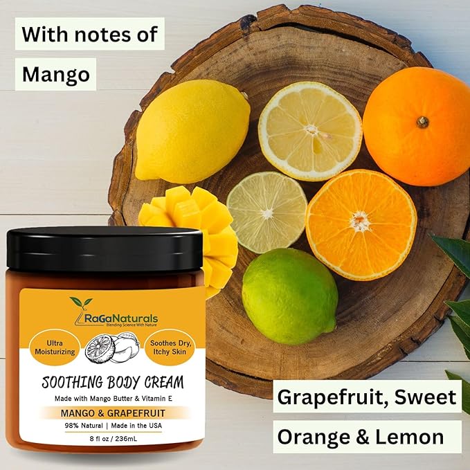 RaGaNaturals Mango Butter Hand & Body Cream for Dry Skin - All Natural, Tropical, Smell Good Moisturizer with Vitamin E and Avocado Oil - Non-Greasy, Vegan, Cruelty-Free Lotion for Women, Men - 8 Oz