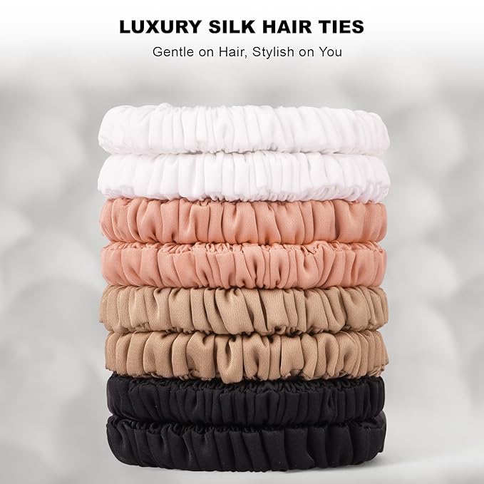 8Pcs Silk Scrunchies Hair Ties for Women & Girls, Mulberry Silk Scrunchies No-Damage Thin Satin Ponytail Holders for Hair Care